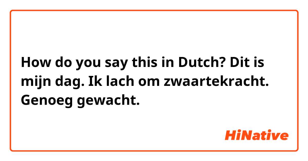 How do you say this in Dutch? Dit is mijn dag. Ik lach om zwaartekracht. Genoeg gewacht.