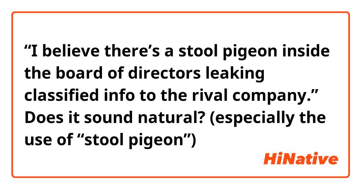 “I believe there’s a stool pigeon inside the board of directors leaking classified info to the rival company.”

Does it sound natural? (especially the use of “stool pigeon”)