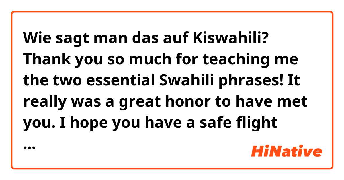 Wie sagt man das auf Kiswahili? Thank you so much for teaching me the two essential Swahili phrases! It really was a great honor to have met you. I hope you have a safe flight back to Tanzania! I am terribly sorry I will not be able to meet you on the day you check out!