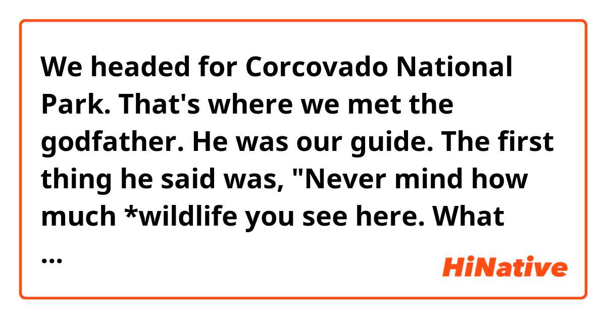 We headed for Corcovado National Park. That's where we met the godfather. He was our guide. The first thing he said was, "Never mind how much *wildlife you see here. What matters is how much of it sees you." We kept quiet.

Is the word "wildlife" always uncountable?