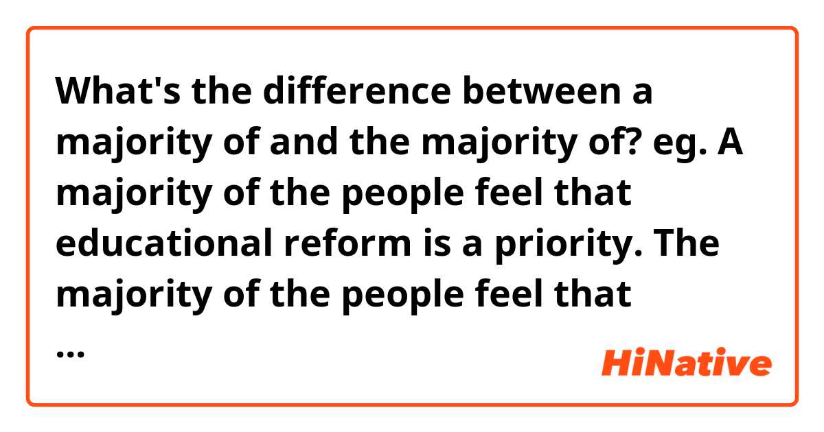 What's the difference between a majority of and the majority of?

eg. A majority of the people feel that educational reform is a priority. 

The majority of the people feel that educational reform is a priority. 