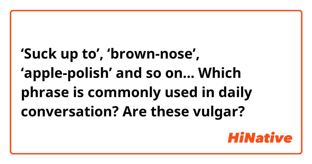 ‘Suck up to’, ‘brown-nose’, ‘apple-polish’ and so on...
Which phrase is commonly used in daily conversation? Are these vulgar?