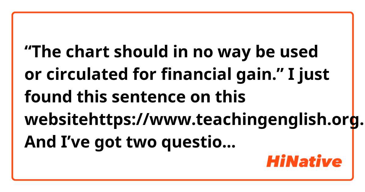 “The chart should in no way be used or circulated for financial gain.”

I just found this sentence on this websitehttps://www.teachingenglish.org.uk/article/phonemic-chart

And I’ve got two questions here.
Q1. What does “circulated” mean in the sentence?
Q2. Is “in no way” a common phrase? If so, please give me some examples.
