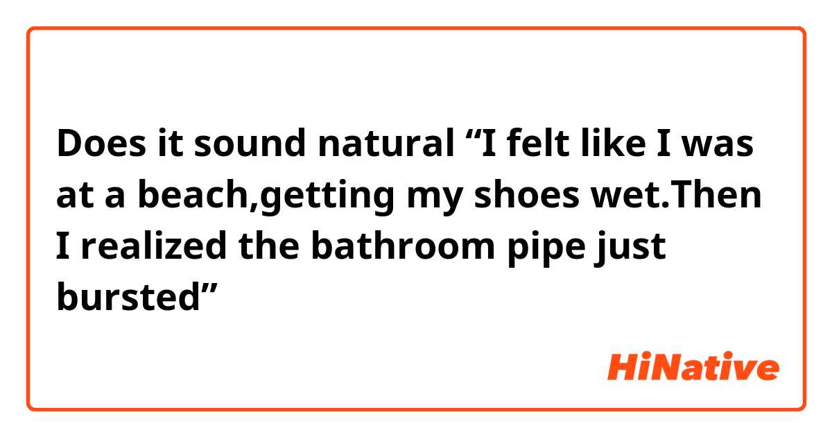 Does it sound natural “I felt like I was at a beach,getting my shoes wet.Then I realized the bathroom pipe just bursted”