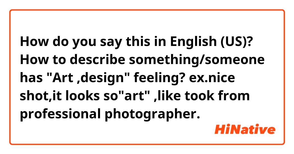 How do you say this in English (US)? How to describe something/someone has "Art ,design" feeling?
ex.nice shot,it looks so"art" ,like took from professional photographer.
