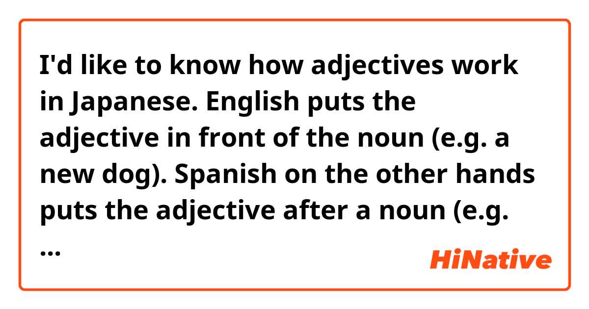 I'd like to know how adjectives work in Japanese. 

English puts the adjective in front of the noun (e.g. a new dog). Spanish on the other hands puts the adjective after a noun (e.g. un perro nuevo).

From what I've seen so far Japanese also puts the adjective in front of a noun (e.g. 新しい犬).

Is this always the case or are there some exceptions?