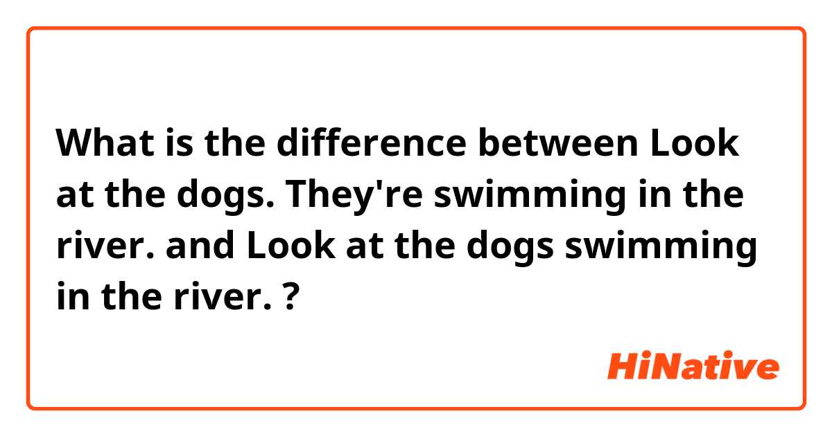 What is the difference between Look at the dogs.  They're swimming in the river. and Look at the dogs swimming in the river. ?