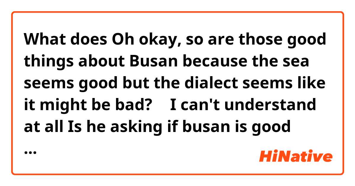 What does Oh okay, so are those good things about Busan because the sea seems good but the dialect seems like it might be bad? 🤣

I can't understand at all😭
Is he asking if busan is good because there is the sea and people use dialect?  mean?