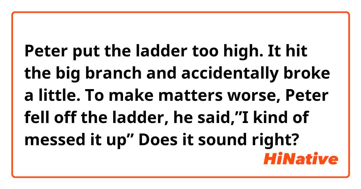 Peter put the ladder too high. It hit the big branch and accidentally broke a little. To make matters worse, Peter fell off the ladder, he said,”I kind of messed it up”

Does it sound right?