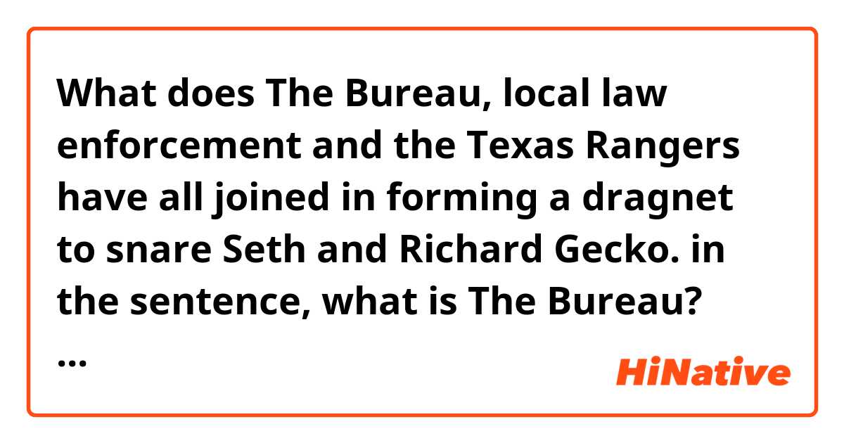 What does The Bureau, local law enforcement and the Texas Rangers have all joined in forming a dragnet
to snare Seth and Richard Gecko.

in the sentence, what is The Bureau? mean?