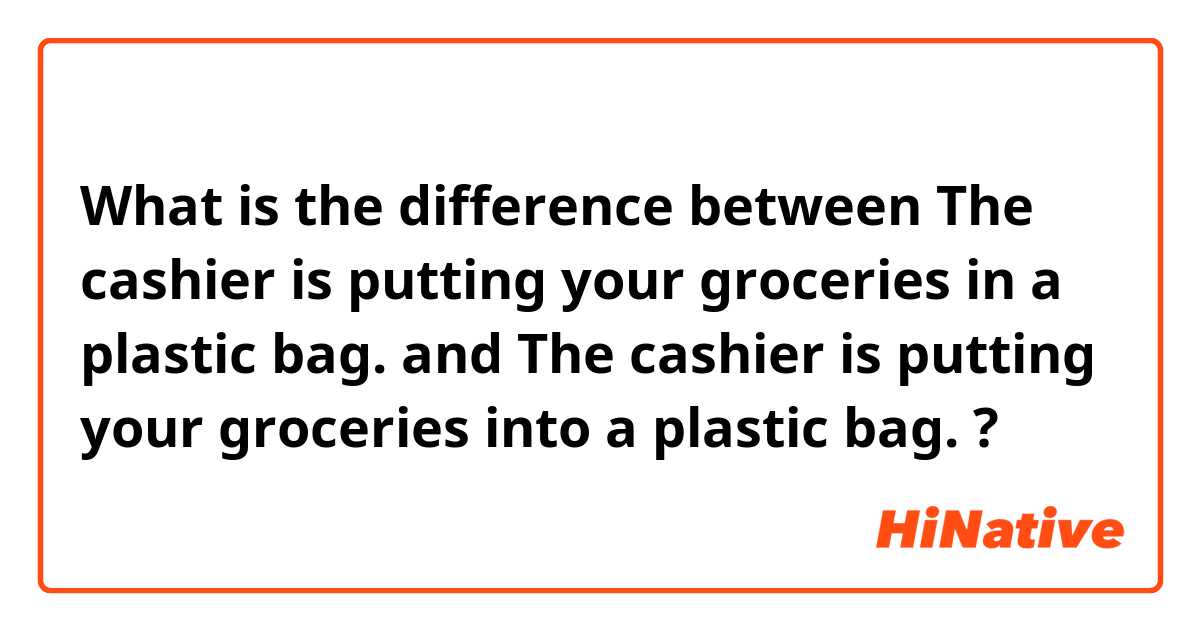 What is the difference between The cashier is putting your groceries in a plastic bag. and The cashier is putting your groceries into a plastic bag. ?