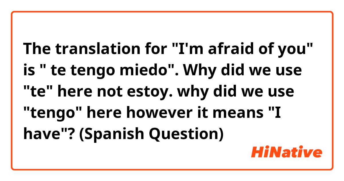 The translation for "I'm afraid of you" is " te tengo miedo". Why did we use "te" here not estoy. why did we use "tengo" here however it means "I have"? (Spanish Question)