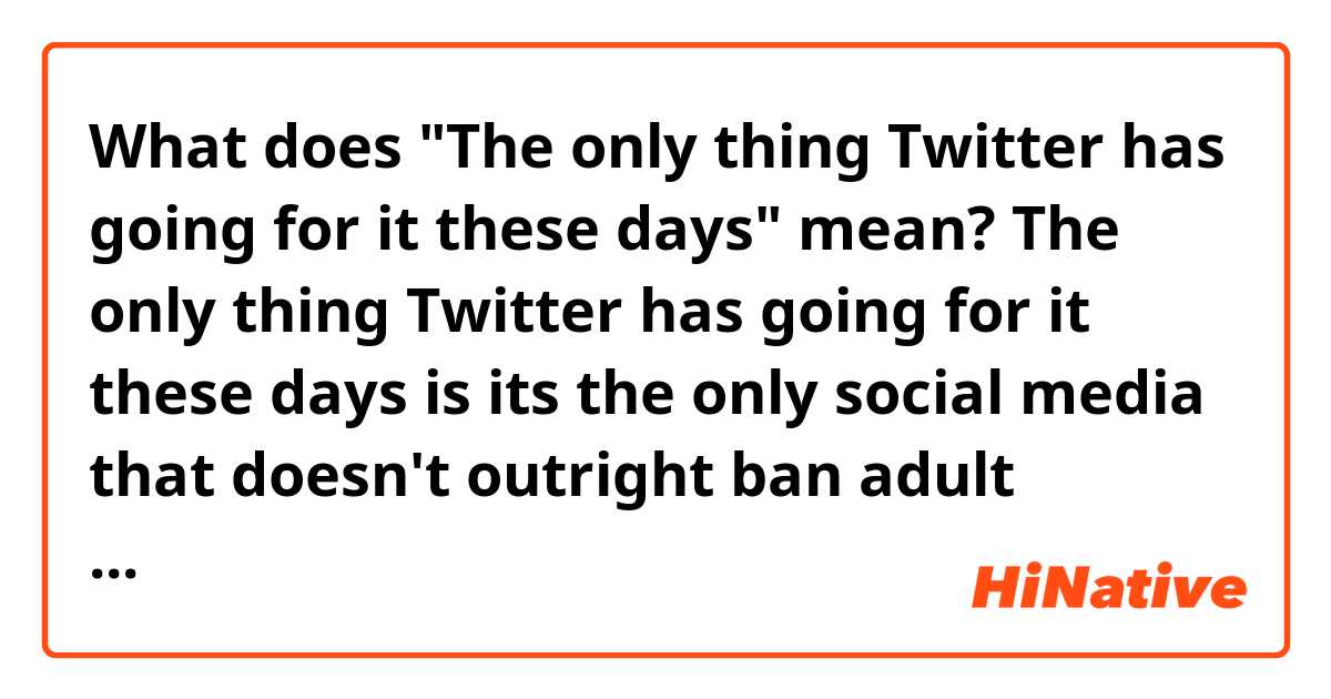 What does "The only thing Twitter has going for it these days" mean?

The only thing Twitter has going for it these days is its the only social media that doesn't outright ban adult content. Its probably the last thing truly keeping this app alive, lord knows it doesn't have any other useful features

https://twitter.com/Win98Tech/status/1620028723776090115?s=20&t=caWbRpjpwVVZTwolT4VgEA