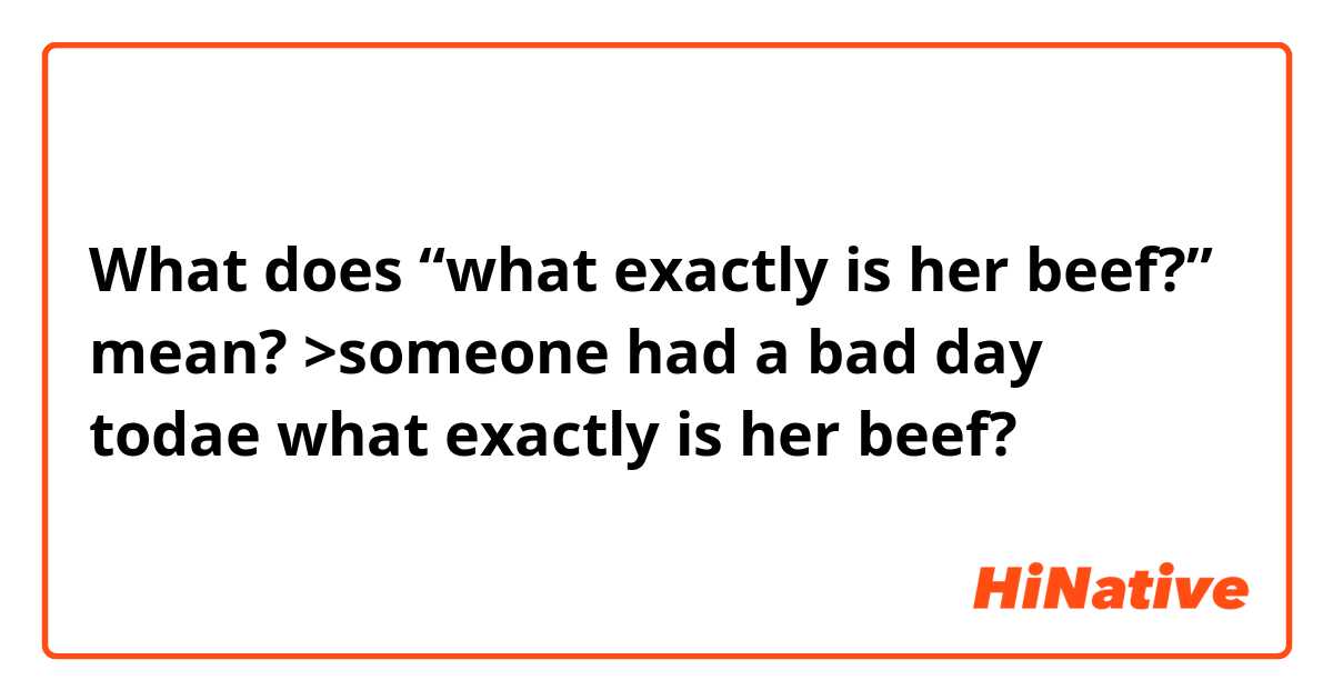 What does “what exactly is her beef?” mean?

>someone had a bad day todae
what exactly is her beef?