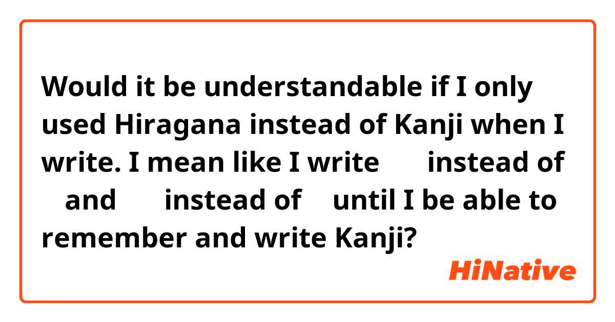 Would it be understandable if I only used Hiragana instead of Kanji when I write.
I mean like I write あか instead of 赤 and しろ instead of 白 until I be able to remember and write Kanji?