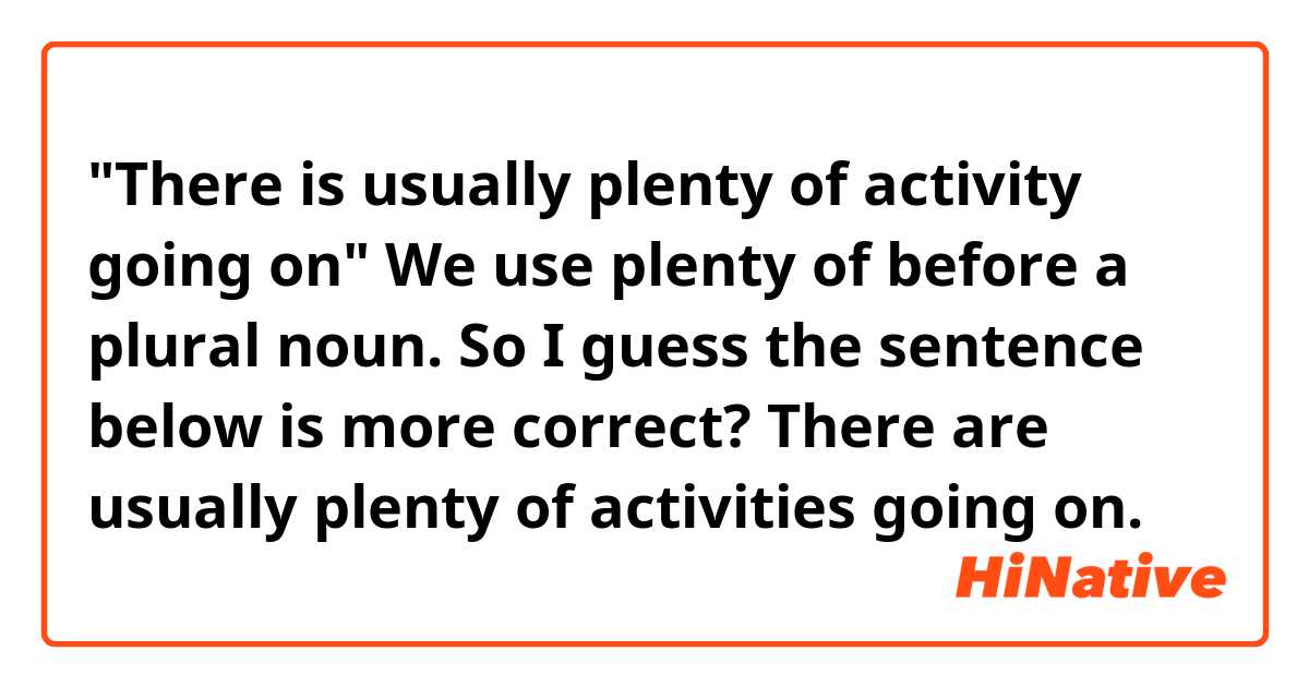 "There is usually plenty of activity going on"
We use plenty of before a plural noun. So I guess the sentence below is more correct?
There are usually plenty of activities going on.