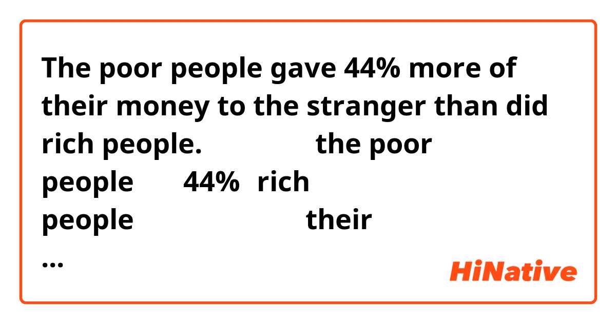 The poor people gave 44% more of their money to the stranger than did rich people.

この文章は、
the  poor peopleの数が44%、rich peopleよりも多いのですか？
their moneyを44%多く、rich peopleより多くあげたのですか？