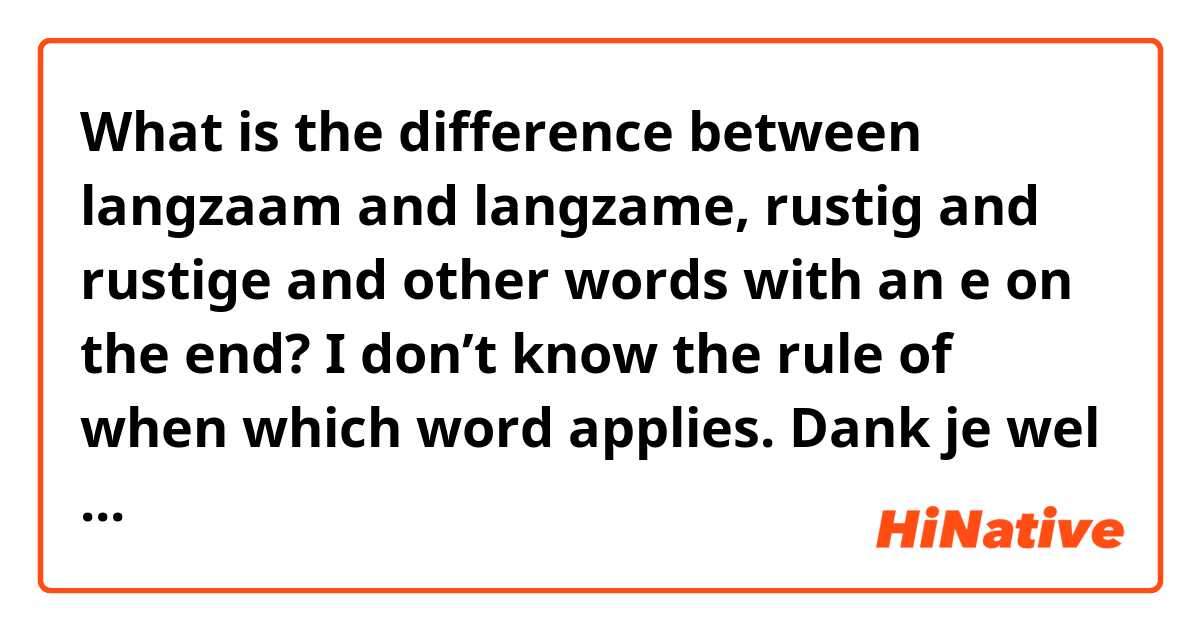What is the difference between langzaam and langzame, rustig and rustige and other words with an e on the end? I don’t know the rule of when which word applies. Dank je wel in advance 😀