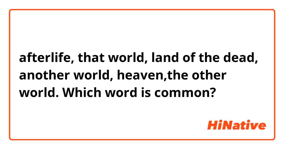 afterlife, that world, land of the dead, another world, heaven,the other world.
Which word is common?