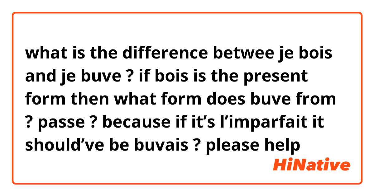 what is the difference betwee je bois and je buve ? if bois is the present form then what form does  buve from ? passe ? because if it’s l’imparfait it should’ve be buvais ? please help