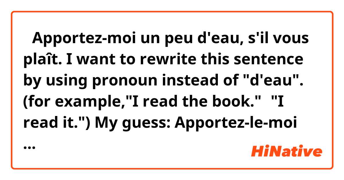 ・Apportez-moi un peu d'eau, s'il vous plaît.
I want to rewrite this sentence by using pronoun instead of "d'eau".
(for example,"I read the book."→"I read it.")

My guess: Apportez-le-moi un peu, s'il vous plaît.
Is this correct?