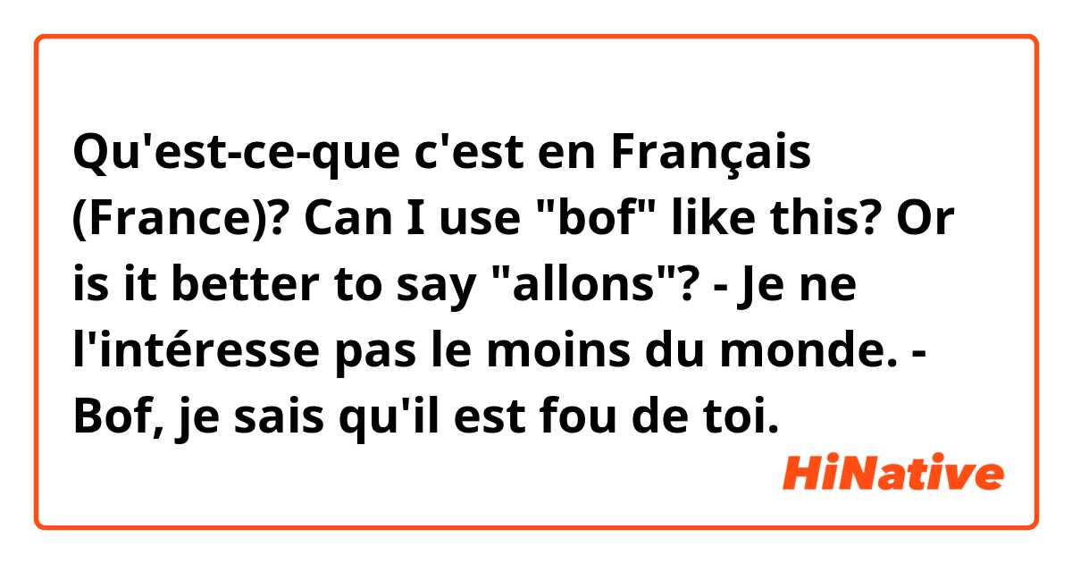 Qu'est-ce-que c'est en Français (France)? Can I use "bof" like this? Or is it better to say "allons"?
- Je ne l'intéresse pas le moins du monde.
- Bof, je sais qu'il est fou de toi.