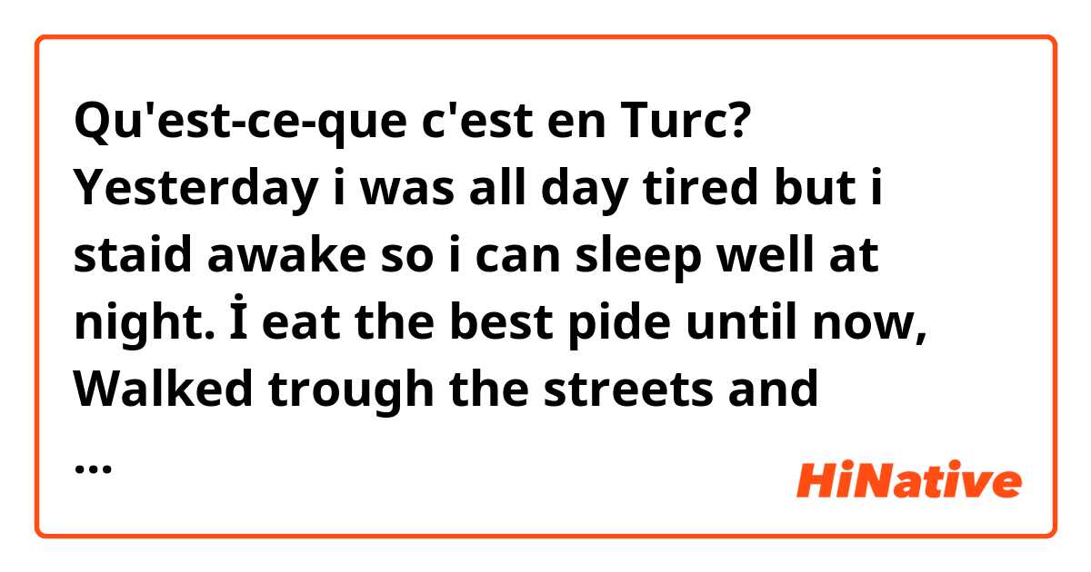 Qu'est-ce-que c'est en Turc? Yesterday i was all day tired but i staid awake so i can sleep well at night. İ eat the best pide until now, Walked trough the streets and bought some food from market. 