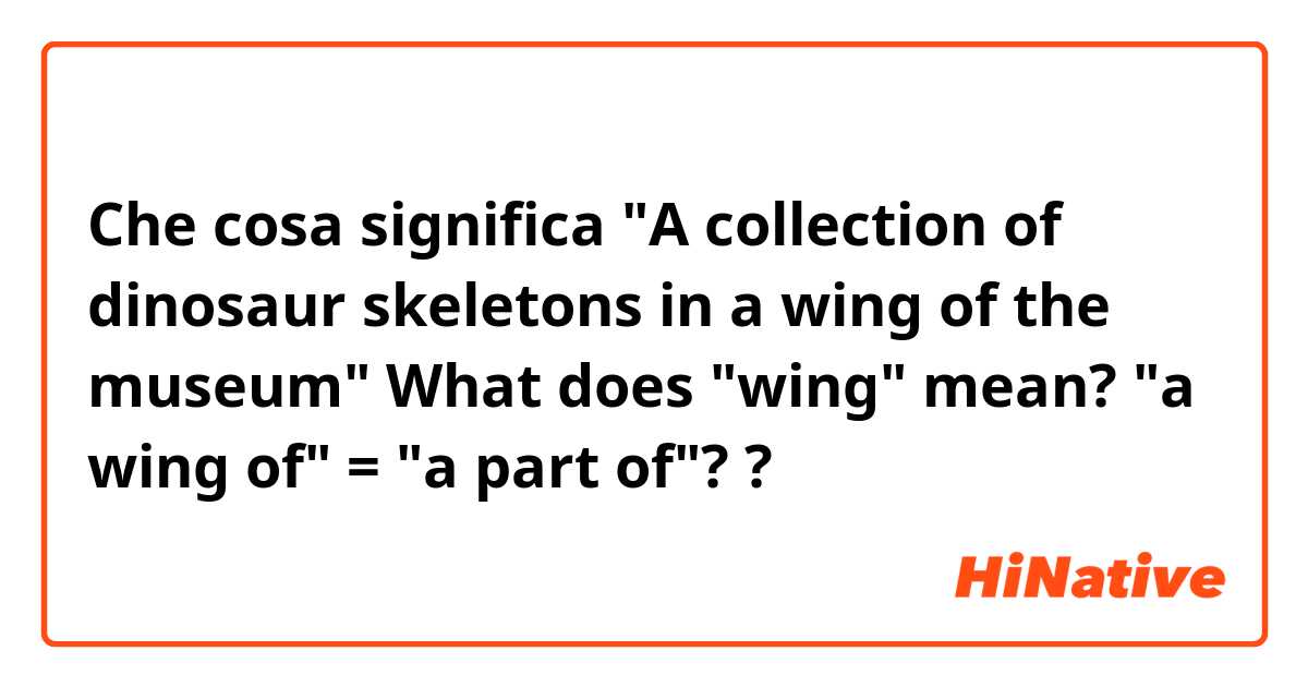 Che cosa significa "A collection of dinosaur skeletons in a wing of the museum"
What does "wing" mean? "a wing of" = "a part of"??