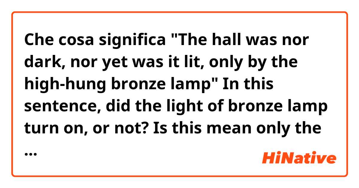 Che cosa significa "The hall was nor dark, nor yet was it lit, only by the high-hung bronze lamp" 
In this sentence, did the light of bronze lamp turn on, or not? Is this mean only the bronze lamp was bright, so the hall was not dark nor bright??