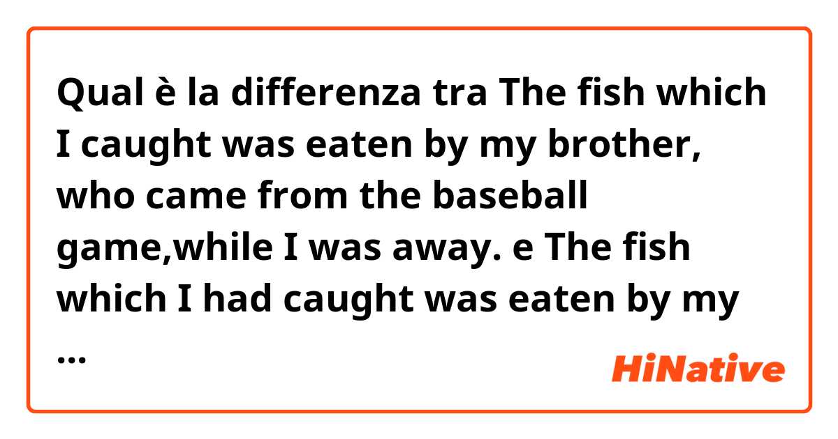 Qual è la differenza tra  ​​The fish which I caught was eaten by my brother, who came from the baseball game,while I was away.  e ​​The fish which I had caught was eaten by my brother, who came from the baseball game,while I was away.  ?