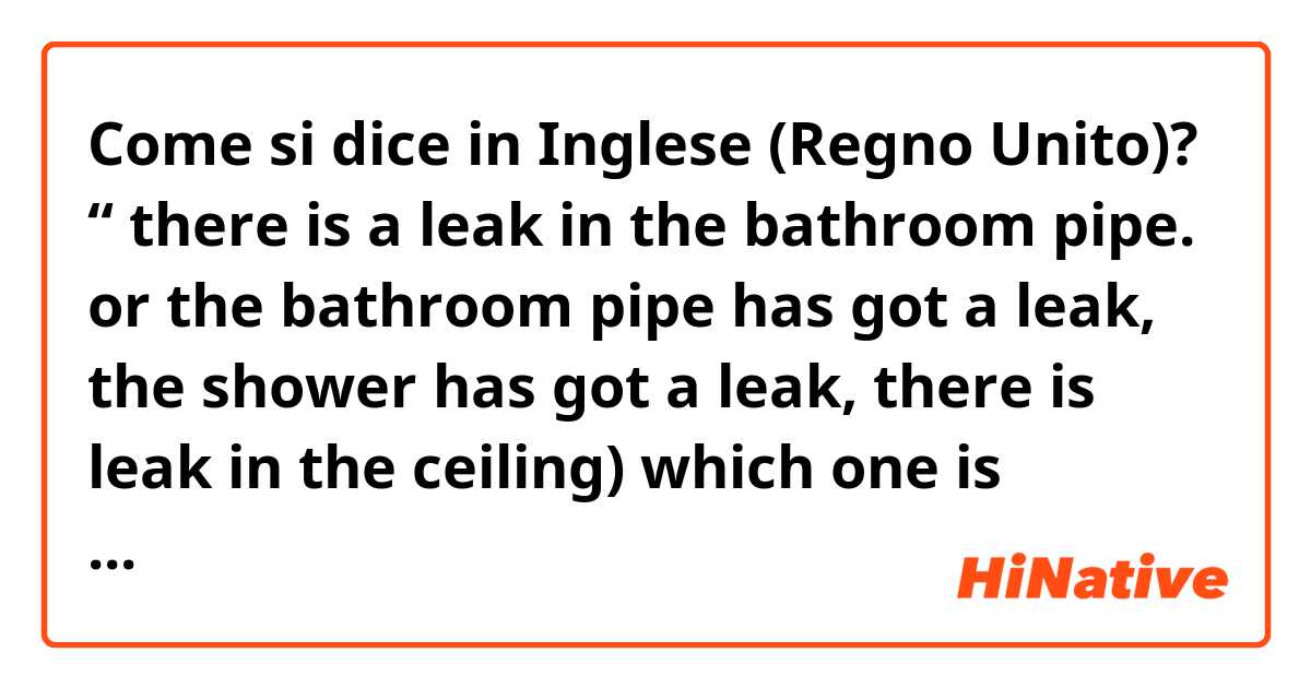 Come si dice in Inglese (Regno Unito)? “ there is a leak in the bathroom pipe. or the bathroom pipe has got a leak, the shower has got a leak, there is leak in the ceiling) which one is correct? 