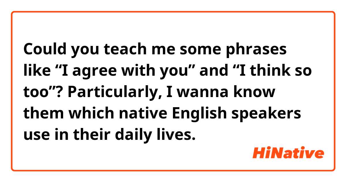 Could you teach me some phrases like “I agree with you” and “I think so too”? Particularly, I wanna know them which native English speakers use in their daily lives.