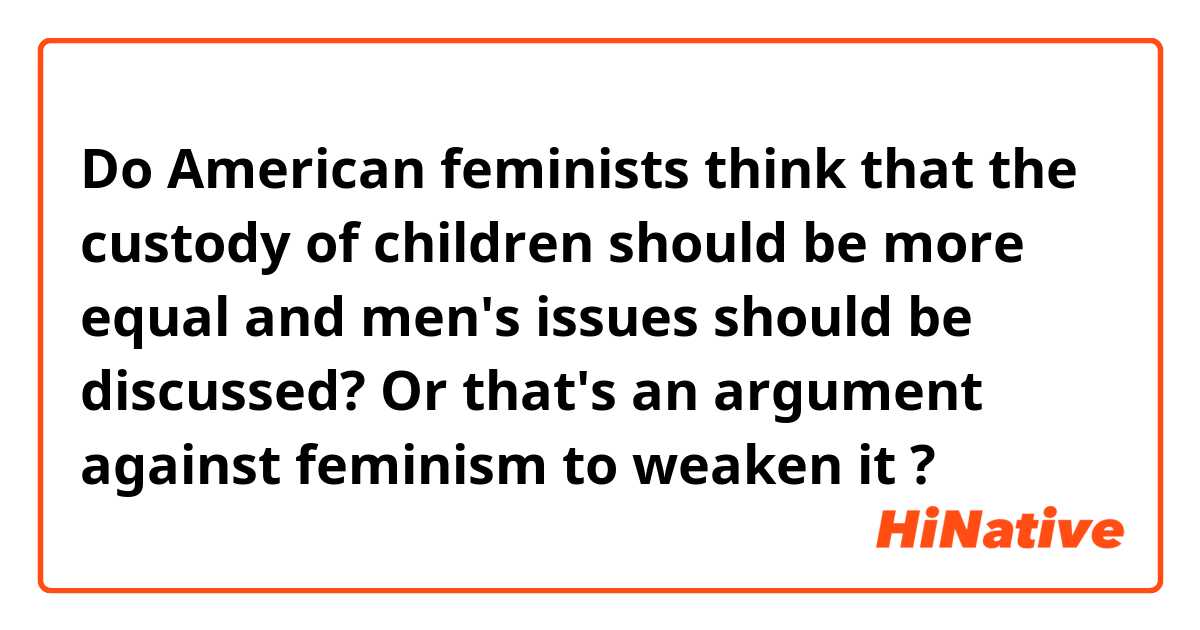 Do American feminists think that the custody of children should  be more equal and men's issues should be discussed? Or that's an argument against feminism to weaken it ?
