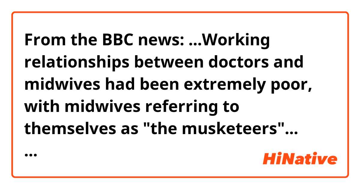 From the BBC news: ...Working relationships between doctors and midwives had been extremely poor, with midwives referring to themselves as "the musketeers"...
What do they mean by "musketeer" in this context?