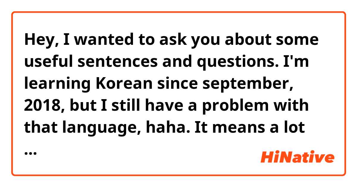 Hey, I wanted to ask you about some useful sentences and questions. I'm learning Korean since september, 2018, but I still have a problem with that language, haha. It means a lot for me to receive the answer. Have a great day and take care of yourself!
