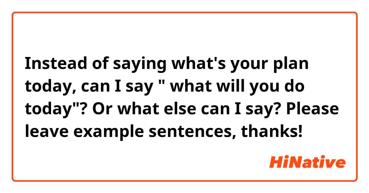 Instead of saying what's your plan today, can I say " what will you do today"? Or what else can I say? Please leave example sentences, thanks!