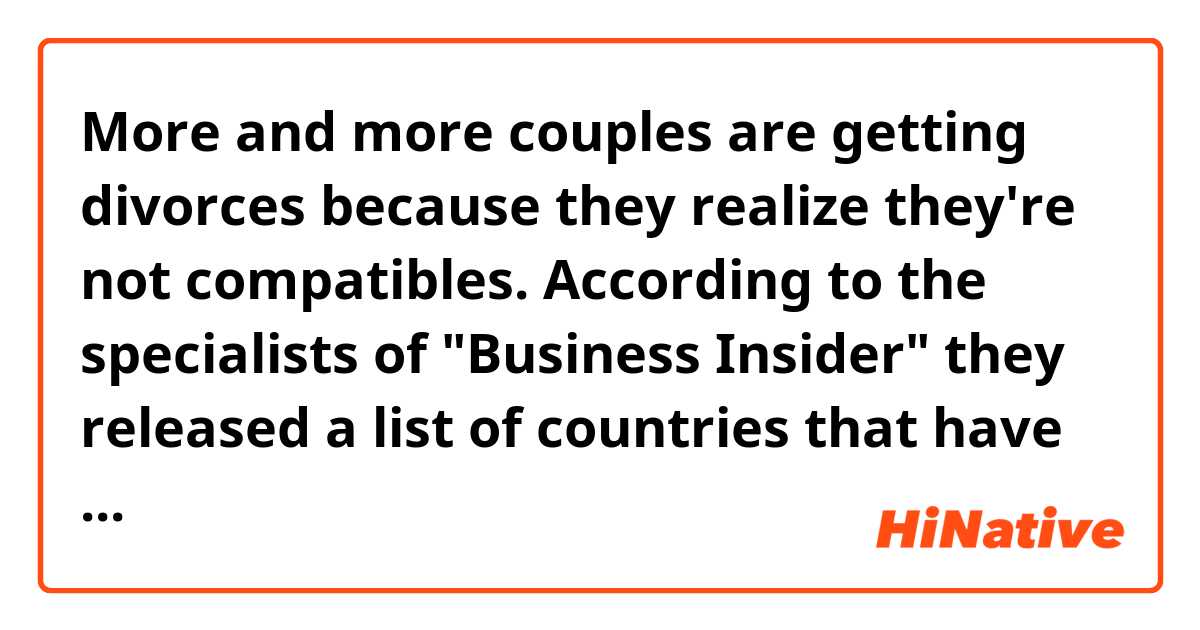 More and more couples are getting divorces because they realize they're not compatibles.
According to the specialists of "Business Insider" they released a list of countries that have more divorces. At the top we have Belgium, Portugal and Hungary.
On the other hand in LatinAmerica we can see countries with the lowest percent of divorces. Like Colombia Uruguay and Chile.
But do you know which are the principal causes of divorces?
Well, here are some....

Until here it is all correct?
please