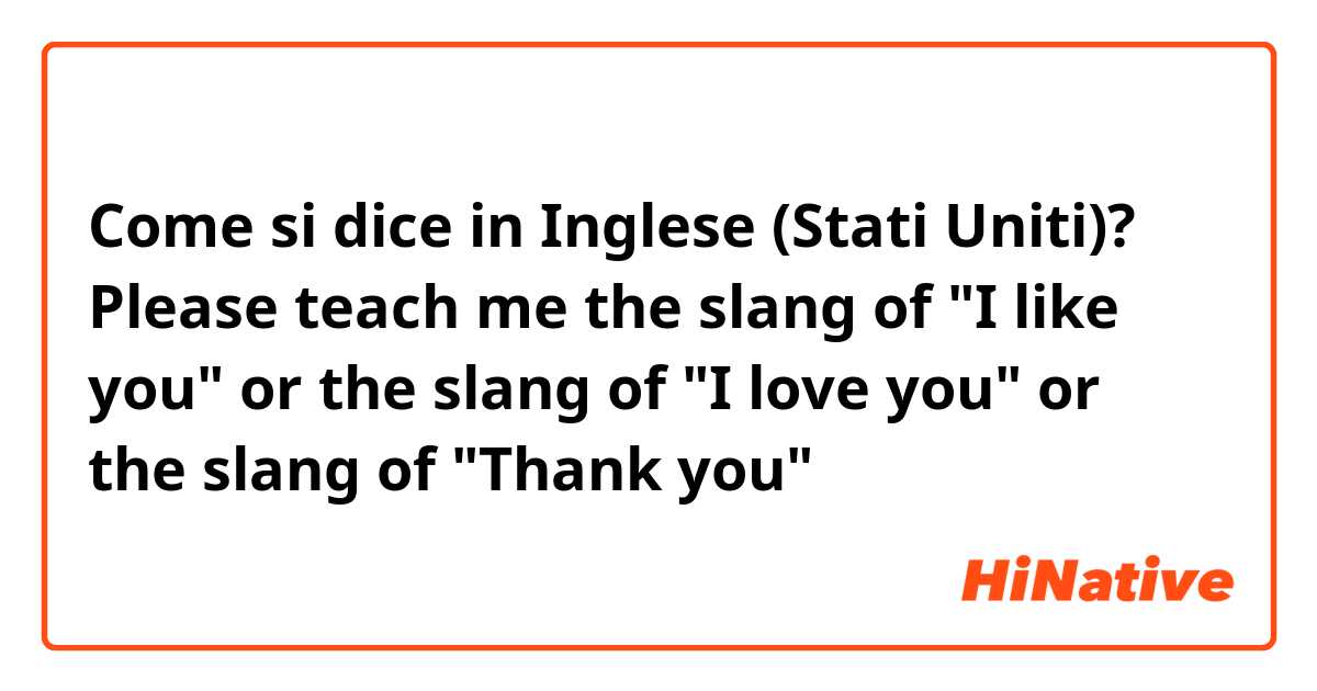 Come si dice in Inglese (Stati Uniti)? Please teach me the slang of "I like you" or the slang of "I love you" or the slang of "Thank you" 