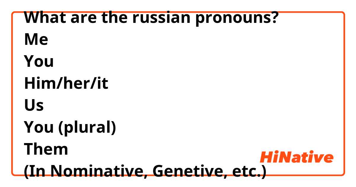 What are the russian pronouns?
Me
You
Him/her/it
Us
You (plural)
Them
(In Nominative, Genetive, etc.)