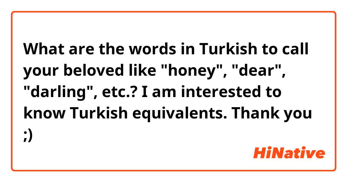 What are the words in Turkish to call your beloved like "honey", "dear", "darling", etc.? 
 I am interested to know Turkish equivalents.
Thank you ;)

