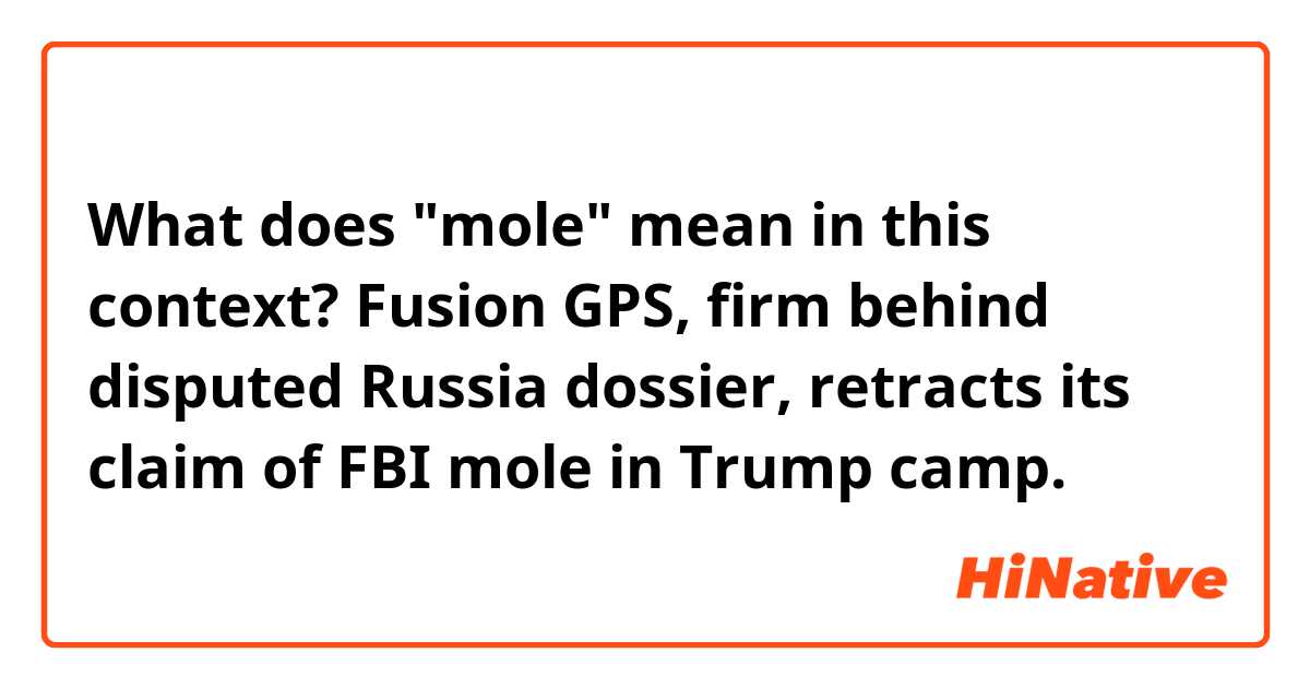 What does "mole" mean in this context?

Fusion GPS, firm behind disputed Russia dossier, retracts its claim of FBI mole in Trump camp.