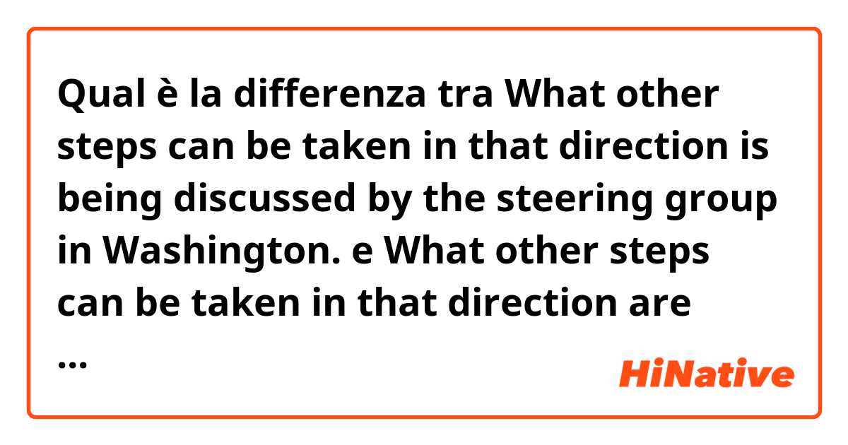 Qual è la differenza tra  What other steps can be taken in that direction is being discussed by the steering group in Washington. e What other steps can be taken in that direction are being discussed by the steering group in Washington. ?