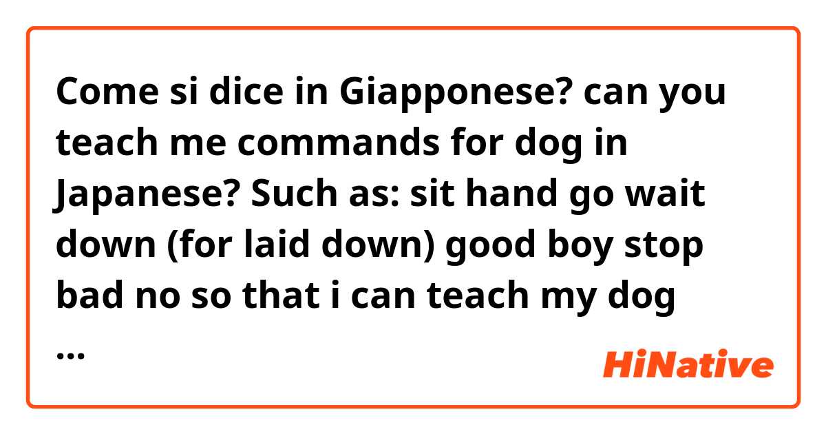 Come si dice in Giapponese? 

can you teach me commands for dog in Japanese?   Such as:

sit
hand
go
wait
down (for laid down)
good boy
stop
bad
no

so that i can teach my dog Japanese while I learn.


