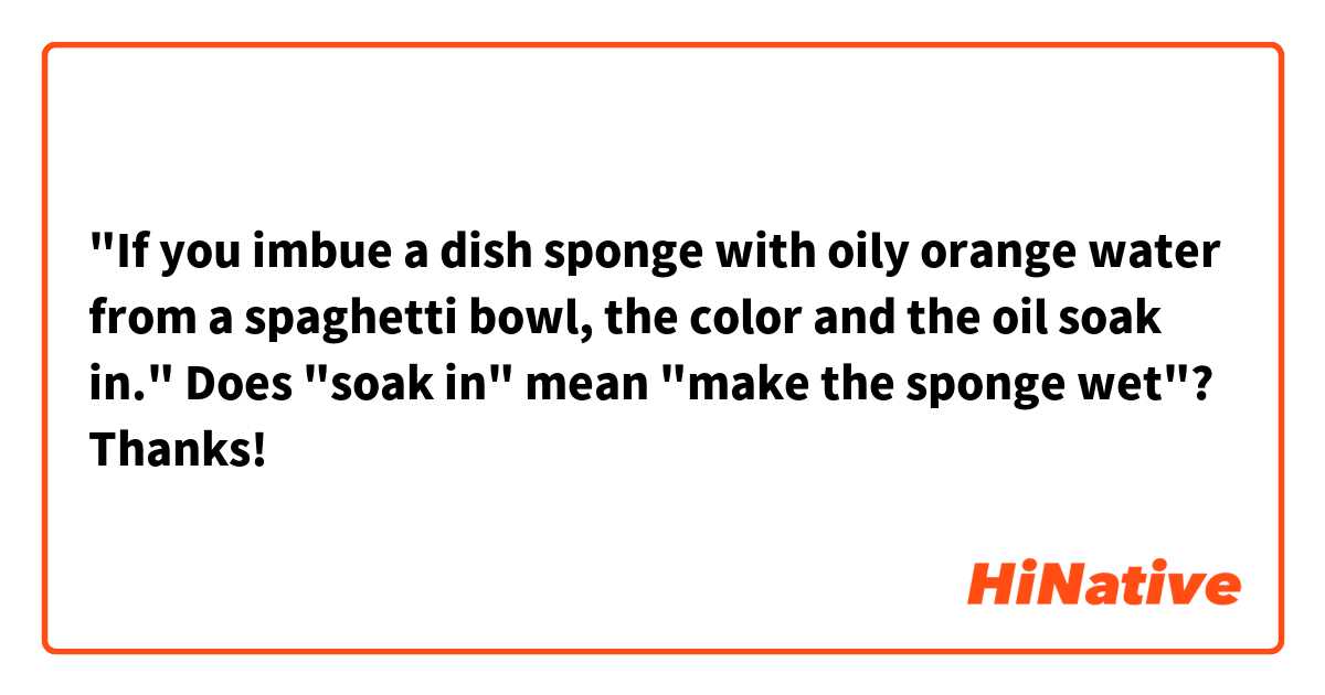 "If you imbue a dish sponge with oily orange water from a spaghetti bowl, the color and the oil soak in."
Does "soak in" mean "make the sponge wet"?
Thanks!