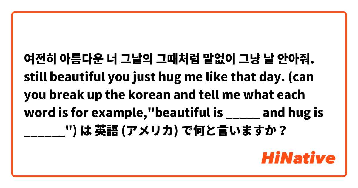 여전히 아름다운 너
그날의 그때처럼 말없이 그냥 날 안아줘.

still beautiful you just hug me like that day.
(can you break up the korean and tell me what each word is for example,"beautiful is _____ and hug is ______") は 英語 (アメリカ) で何と言いますか？