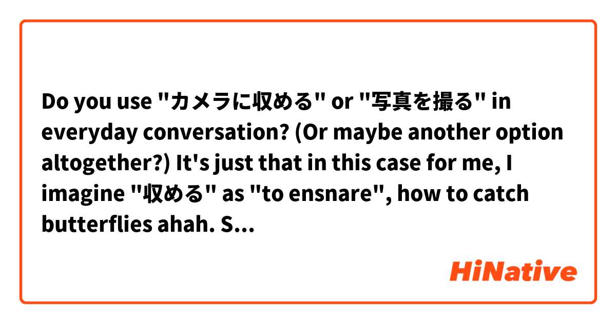 Do you use "カメラに収める" or "写真を撮る" in everyday conversation? (Or maybe another option altogether?) It's just that in this case for me, I imagine "収める" as "to ensnare", how to catch butterflies ahah. Something like that. And I thought, maybe this is some kind of unusual way of using "収める" ...?