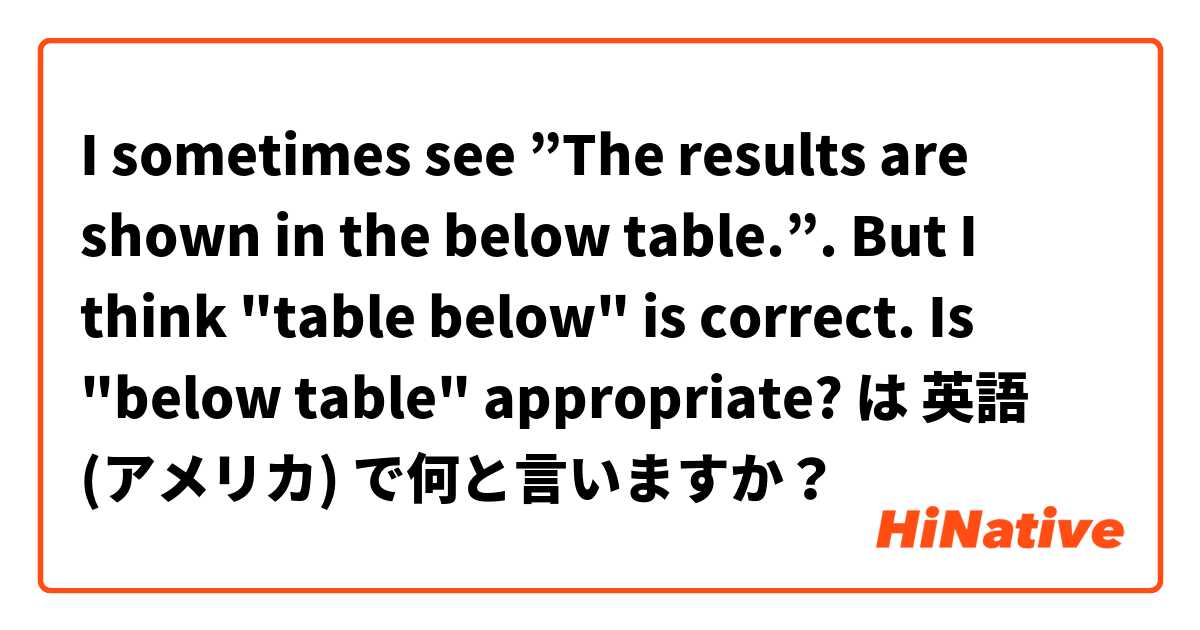 I sometimes see ”The results are shown in the below table.”. But I think "table below" is correct. Is "below table" appropriate? は 英語 (アメリカ) で何と言いますか？