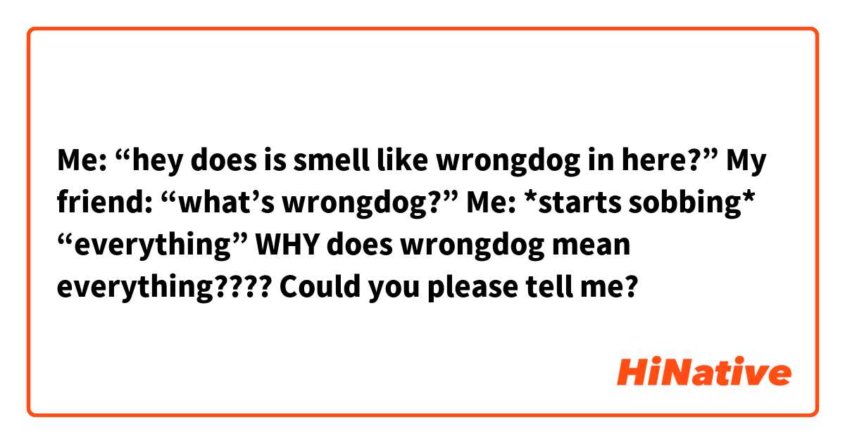 Me: “hey does is smell like wrongdog in here?”

My friend: “what’s wrongdog?”

Me: *starts sobbing* “everything”


──────

WHY does wrongdog mean everything????  Could you please tell me?
