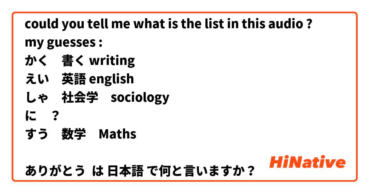 
could you tell me what is the list in this audio ?
my guesses :
かく　書く writing
えい　英語 english
しゃ　社会学　sociology
に　？
すう　数学　Maths

ありがとう
 は 日本語 で何と言いますか？