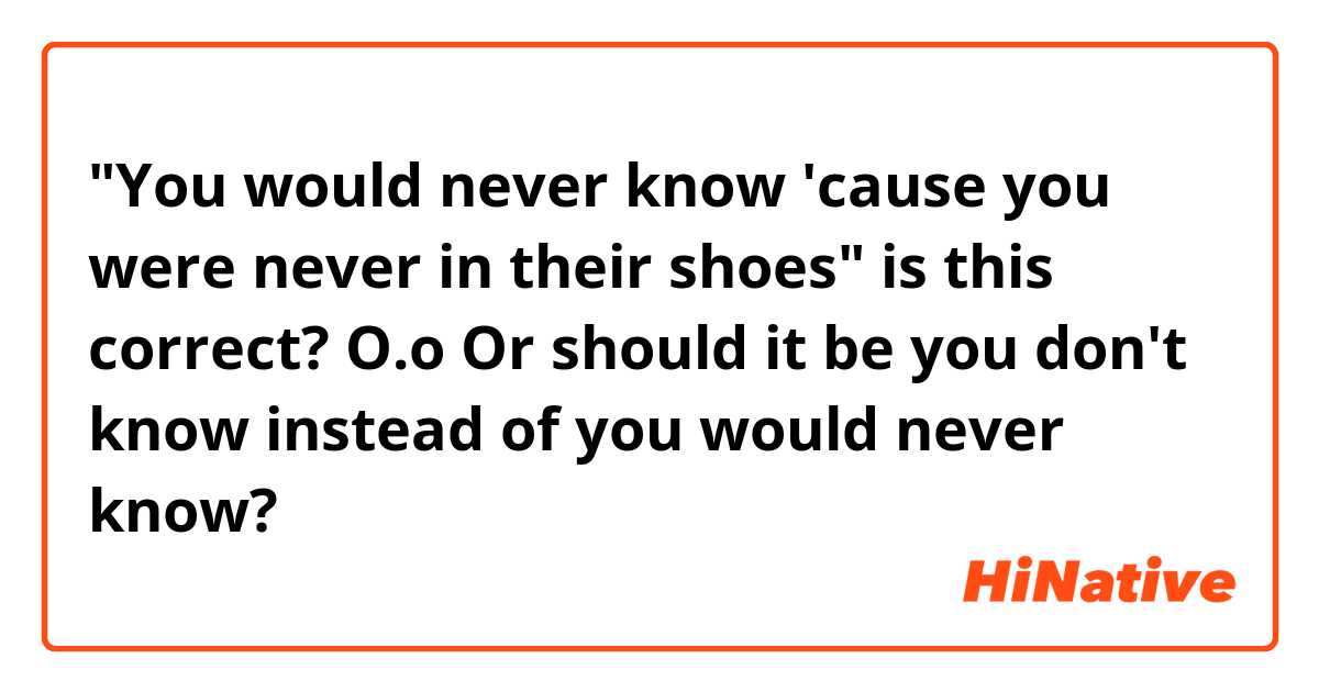 "You would never know 'cause you were never in their shoes" is this correct? O.o 

Or should it be you don't know instead of you would never know?